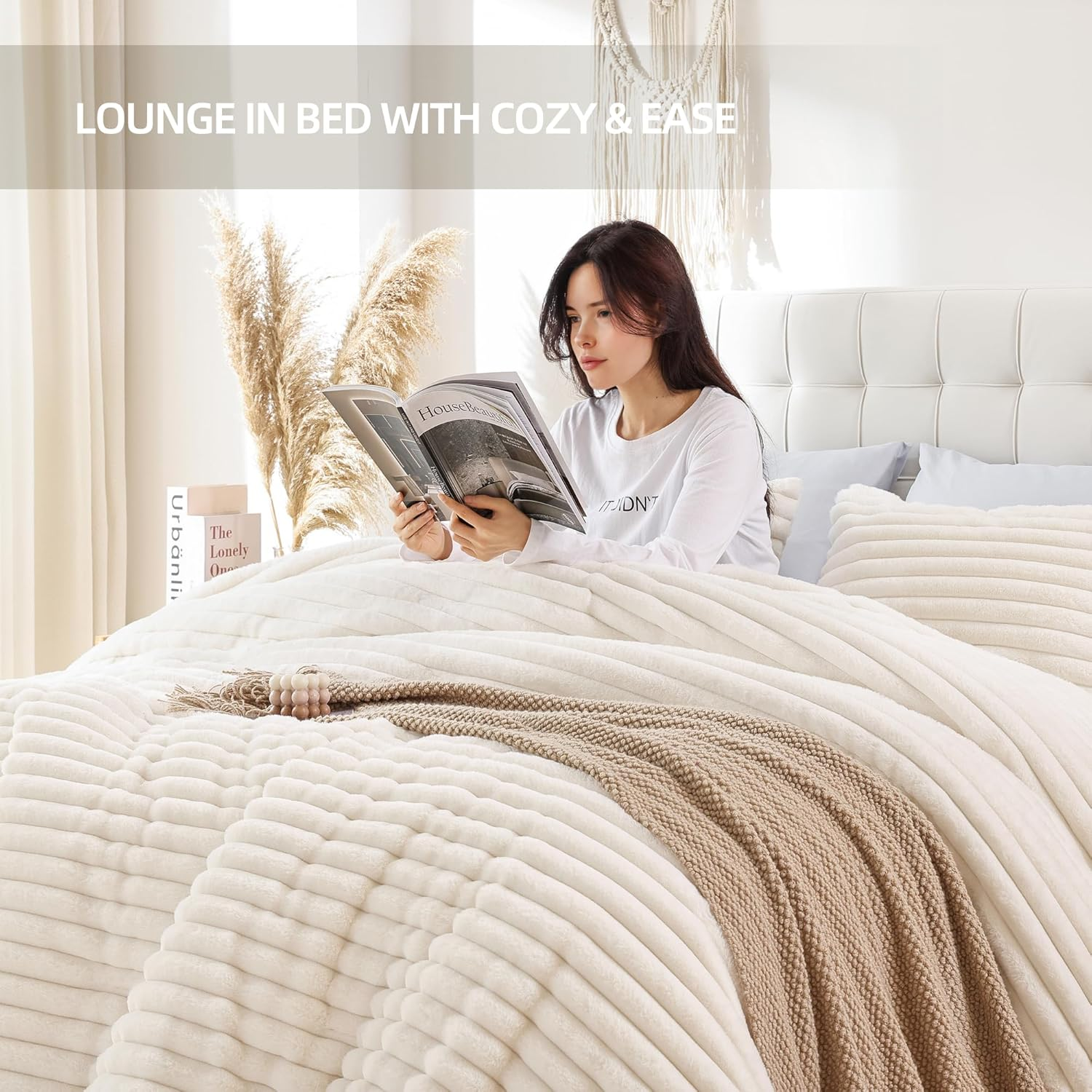 Smoofy Fluffy Full Size Comforter Sets 3 Pieces - Cream White Fleece Fluffy Comforter Set, Luxury Fuzzy Full Bed Set, Soft Comforter Full Size All Season, Heavy Faux Fur Comforter with 2 Pillow Cases image number 5