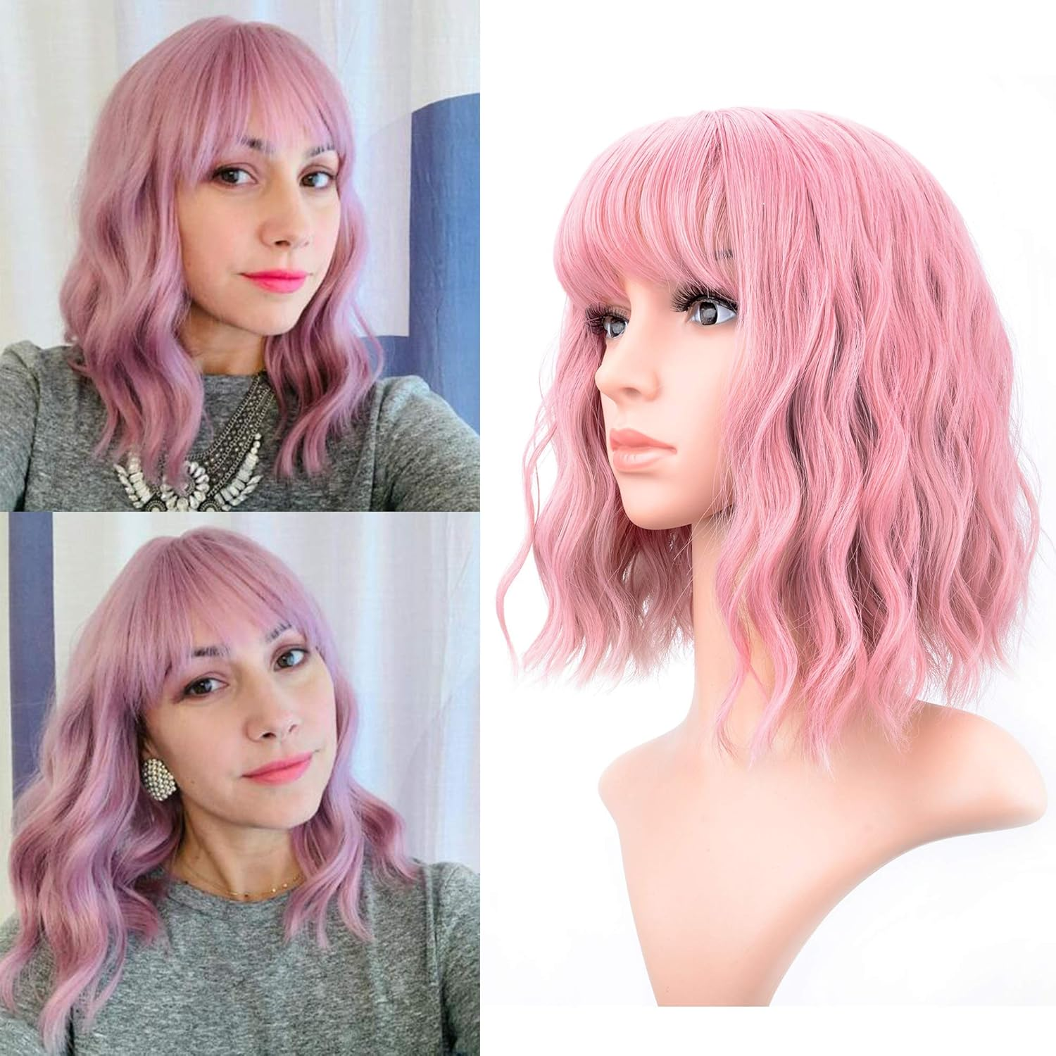 VCKOVCKO Pastel Wavy Wig with Fringe Short Bob Purple Pink Wig Curly Wavy Shoulder Length Pastel Bob Synthetic Cosplay Wig for Girls Colourful Costume Wigs (12 Inches, Purple Pink)