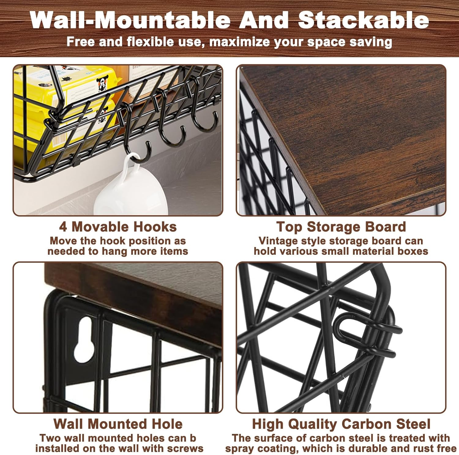 Dinhauyon Vegetable and Fruit Storage, Fruit Basket, Stackable Fruit Holder with Wooden Lid, Kitchen Countertop Rack, Wall Mounted Storage Baskets for Vegetables Fruit Bread Snacks image number 4