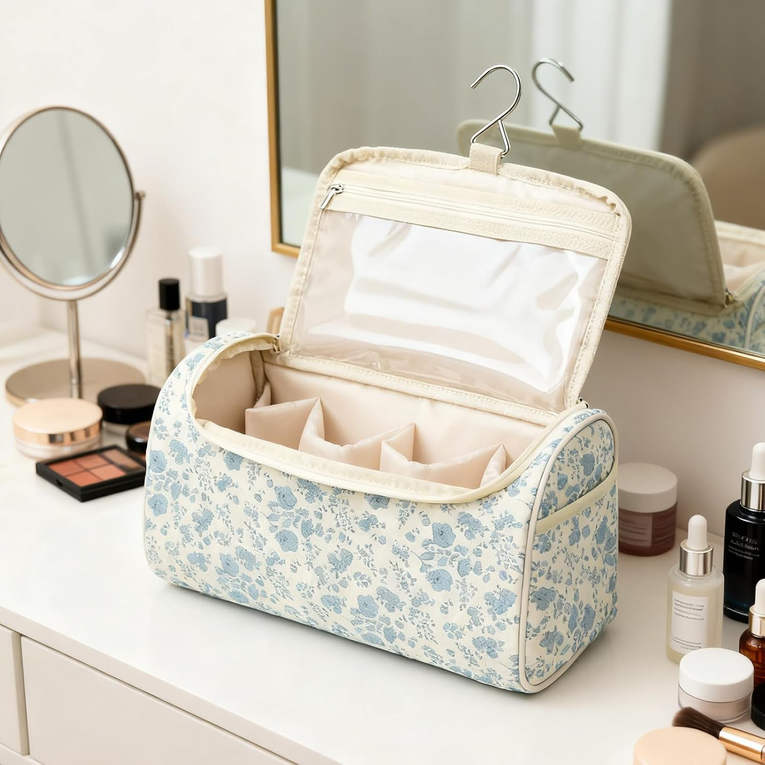 Quilted Hair Tool Travel Bag, Cute Portable Organizer Case with Hanging Hook, Makeup Bag, Cotton Hair Tool Bags for Travel, for Brush Straightener Curler Cosmetics