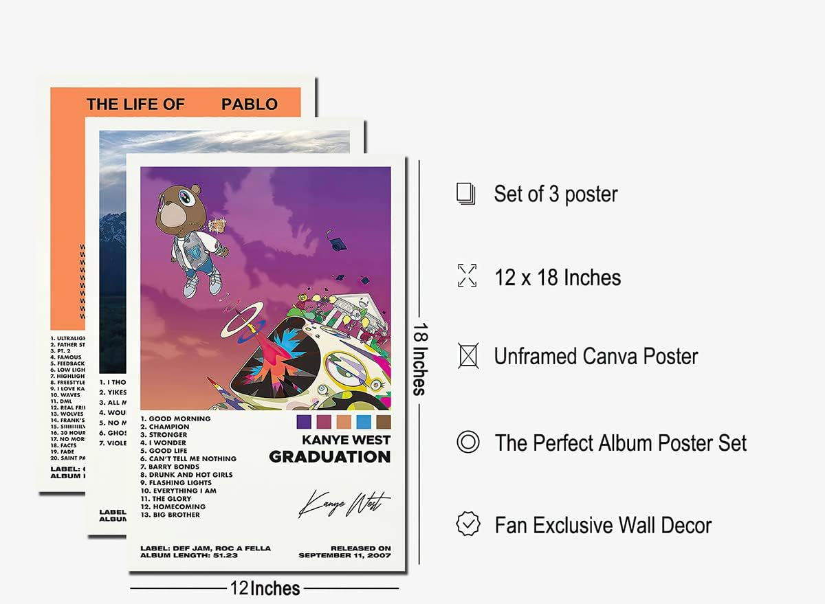 Set of 3 Canvas Prints, Kanye West Graduation Album Poster Aesthetics, 12X18In Unframed image number 1