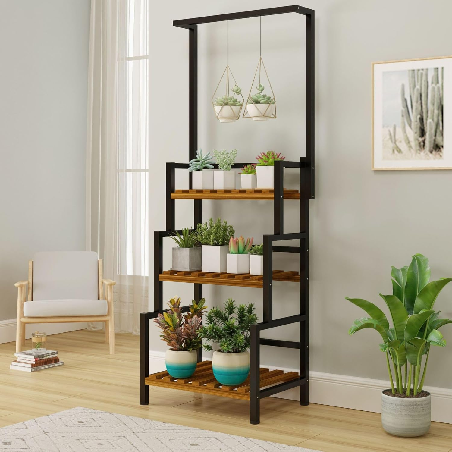 Ikare 3-Tier Heavy Duty Metal Plant Stand, 68 Inch Tall Flower Pot Shelf with Grid Panel, Multi-Tier Organizer Rack for Indoor Outdoor Use in Living Room, Garden, Balcony
