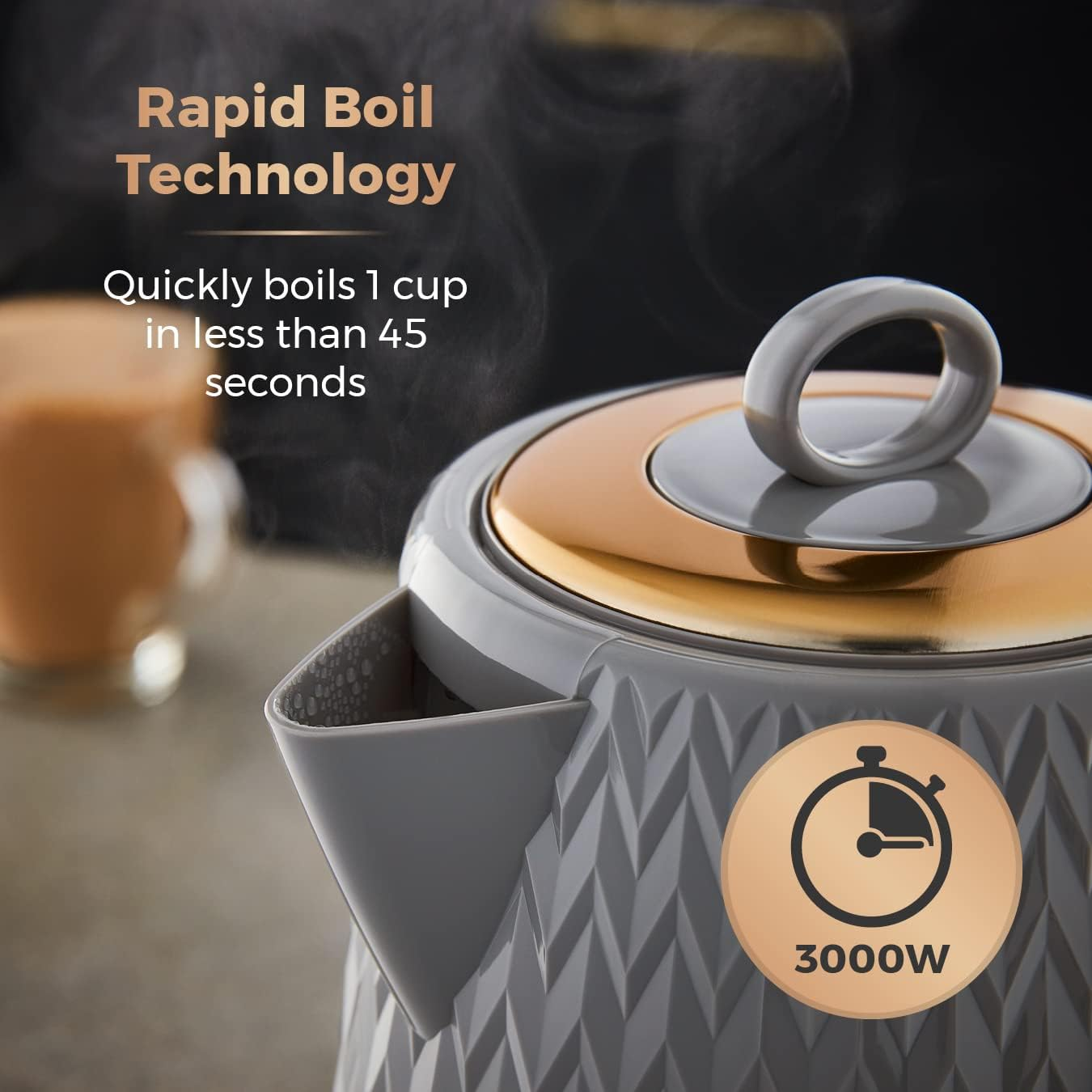Tower T10052GRY Empire 1.7 Litre Kettle with Rapid Boil, Removable Filter, 3000W, Grey with Brass Accents image number 2