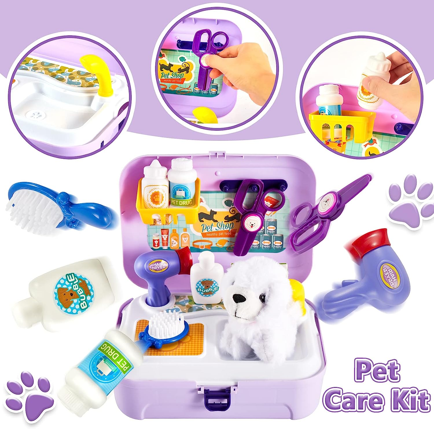 HERSITY Kids Vet Kit Dog Grooming Toy Pet Care Role Play Games Animal Dolls Pretend Play Pet Carrier Set Toys 3 4 5 Year Old Girls Boys Children Gifts image number 1