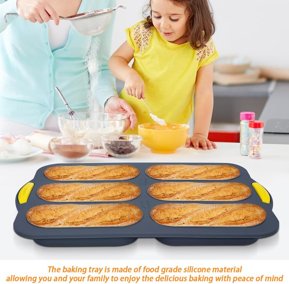 Baguette Pan,Loaf Pan,Silicone Bread Loaf Pan,French Bread Pan,Hot Dog Bun Mold,With Comfort Grip for Kitchen Baking, Open Hole Silicone Baking Mold,Grey and Yellow image number 4