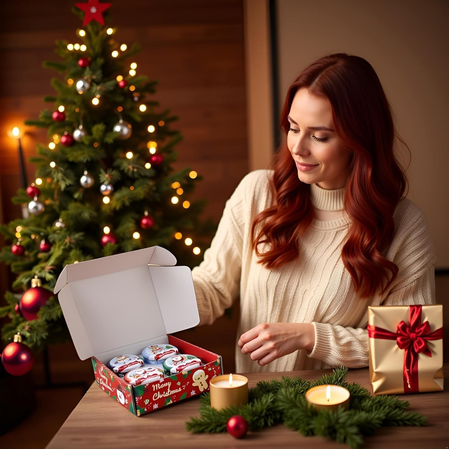 Set of 4 Christmas Snowman Santa Claus Scented Candles Gift Set for Home Women, 4.4Oz Natural Soy Wax Strong Cedar, Lavender, Apple&Cinnamon and Vanilla&Jasmine Aromatherapy Candles (B)