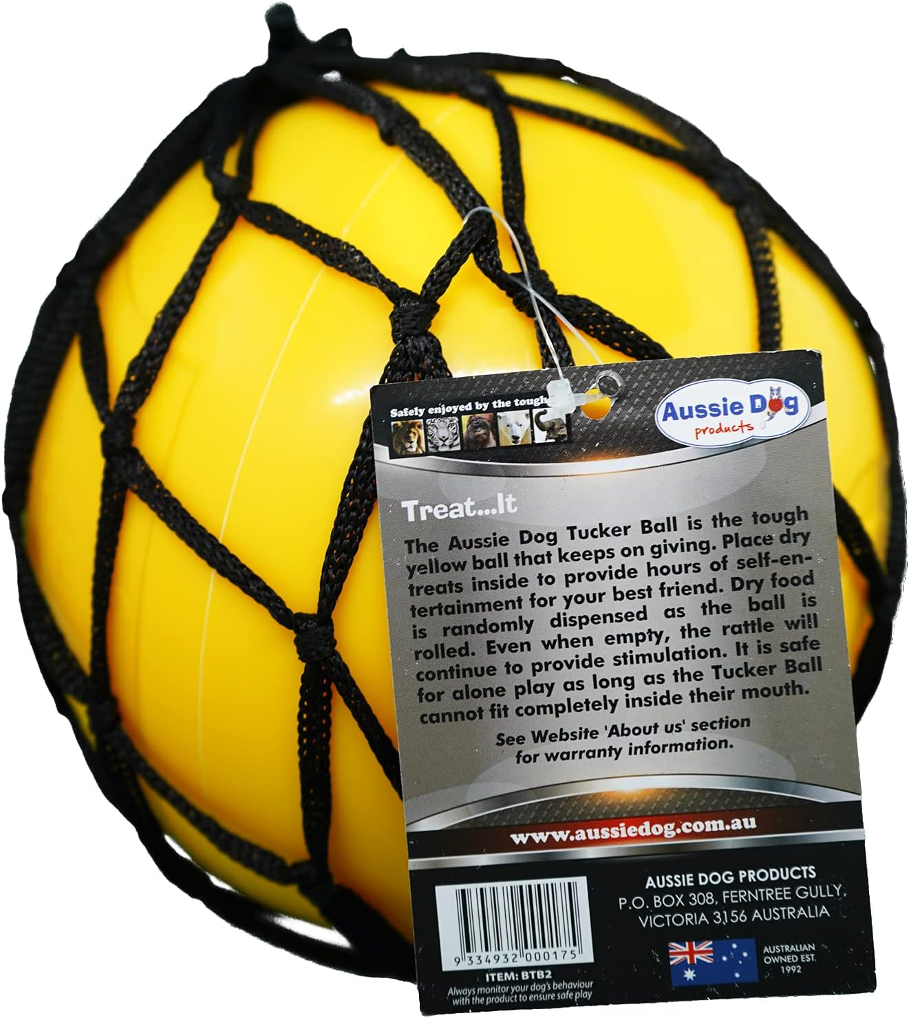 Aussie Dog Tucker Ball Large Yellow | Interactive Treat Dispensing Toy for Large Dogs | Durable, Safe & Engaging Slow Feeder Ball image number 3