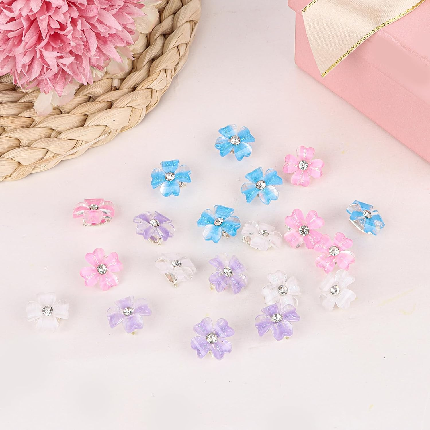 Pruadeor Pack of 20 Mini Flower Hair Clips, Colourful Hair Clips, Girls, Hair Clip Small with Rhinestones, Flowers - Hair Accessories