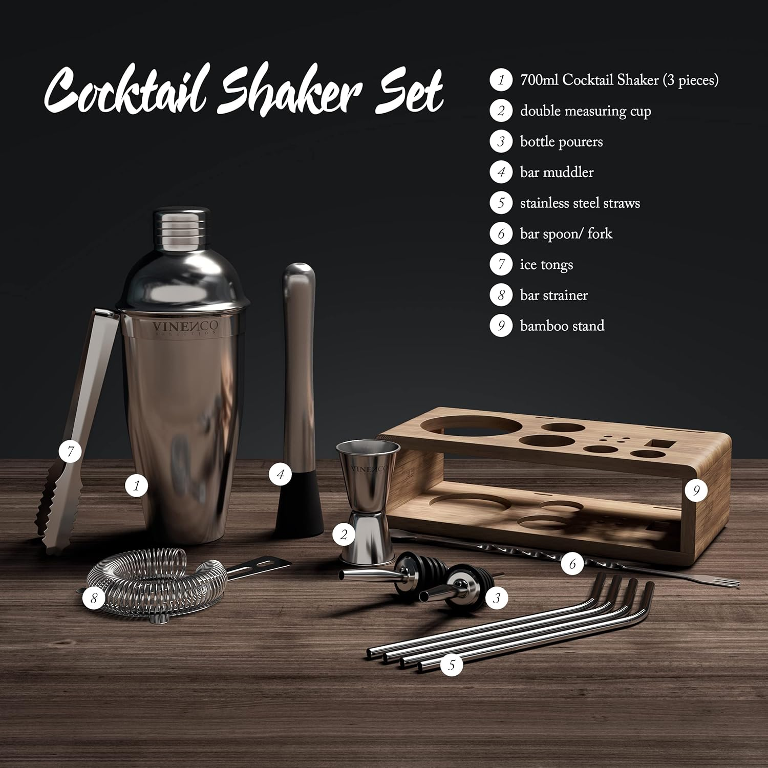 Cocktail Shaker Set with Stand + Recipes | Premium Stainless Steel Bar Kit: Strainer Double Jigger Mixing Spoon | Pro Bartender Making Drinks - Mojito Martini Gin Tonic Maker Party Gift Box, Women Men