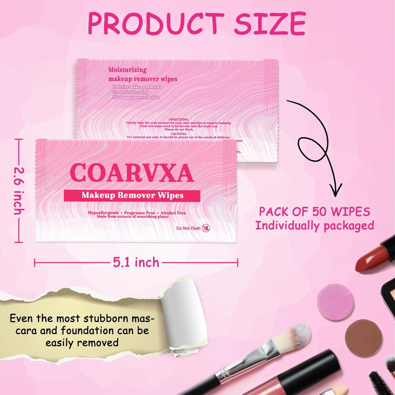 EDTOY Mini Deodorant 50 Count Makeup Remover Wipes Mini Makeup Wipes Travel Face Makeup Wipes Individually Wrap for Mascara Lipstick Oil Dirt Face Skin Hypoallergenic Alcohol-Free (50) image number 3