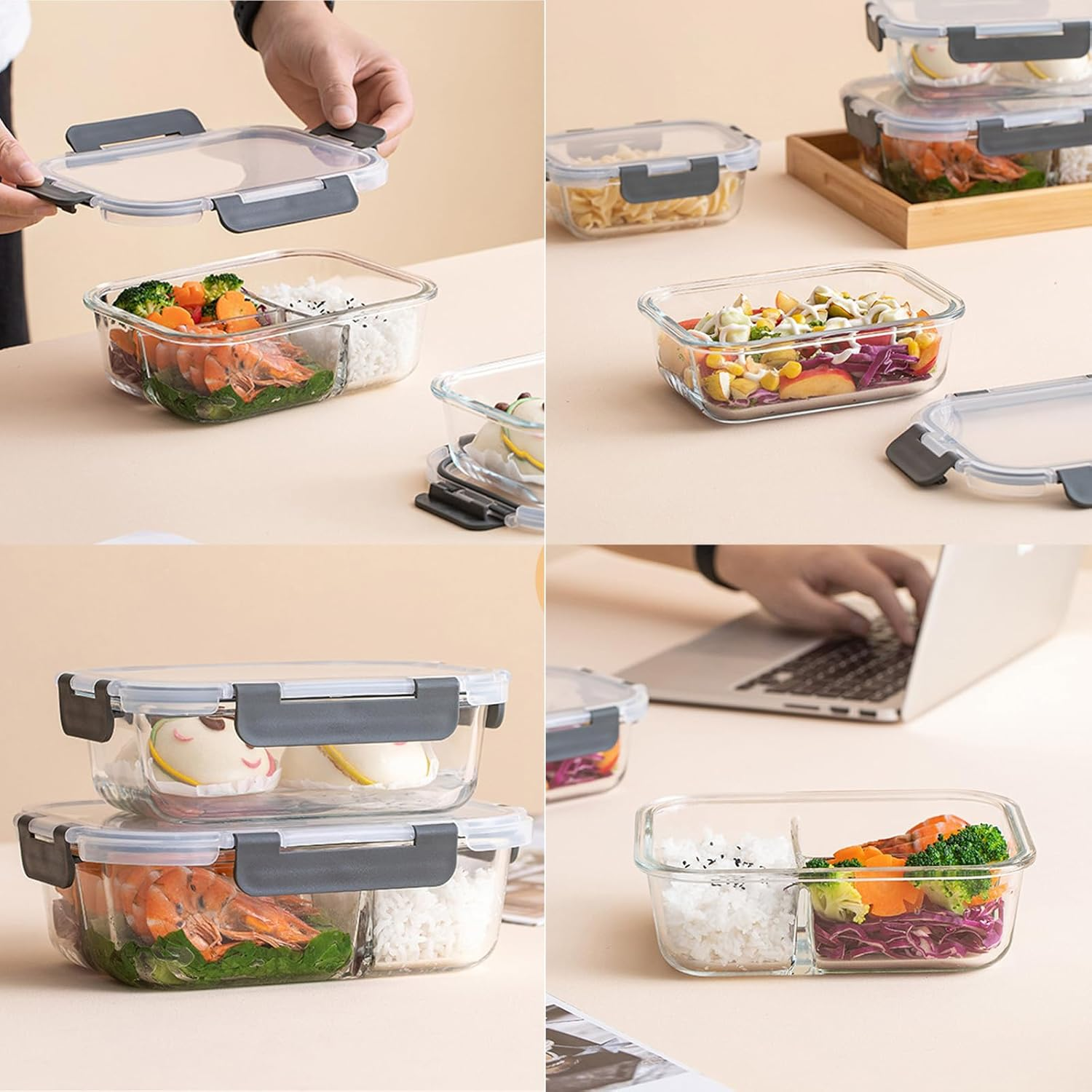 Glass Food Storage Containers,5 Pack Large Meal Prep Containers with Plastic Lids(1040Ml), Dishwasher, Microwave, Oven, & Freezer Safe,Glass Lunch Box for Kitchen Storage & Organisation image number 2