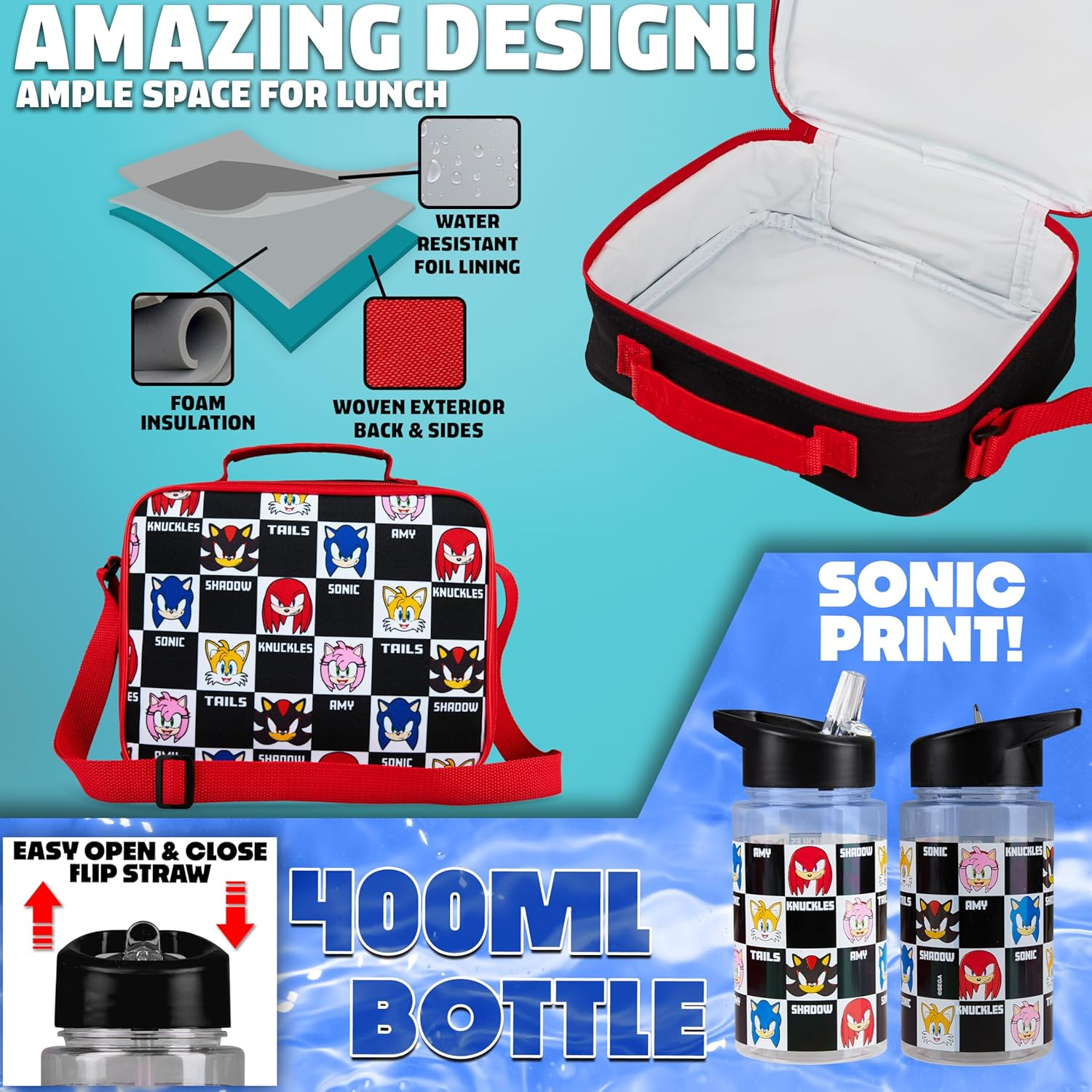 Sonic the Hedgehog Backpack Set 4 Pcs Kids with Water Bottle 400Ml Pencil Case Insulated Lunch Bag Tweens Knuckles Shadow School Supplies Travel
