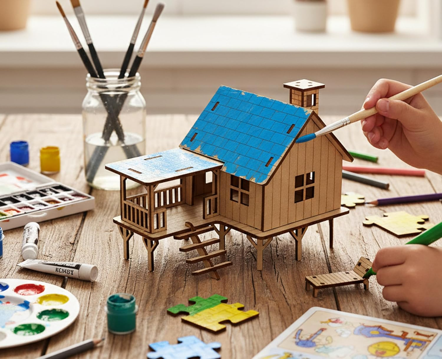 Stonkraft Wooden 3D Puzzle Beach House - Home Decor, Construction Toy, Modeling Kit, School Project - Easy to Assemble image number 3