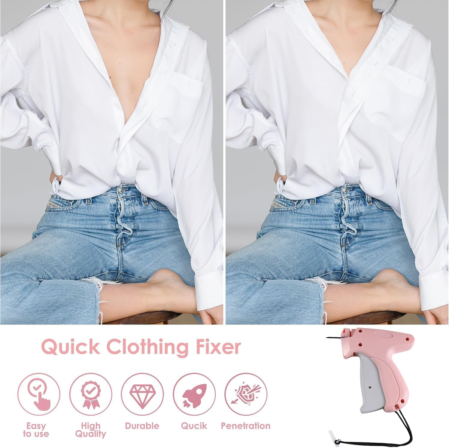 Stitchy Gun for Clothes - Handheld Stitch Gun Quick Clothing Fixer - Mini Stitch Tagging Gun - Includes 5 Needle, 1000 Black Fasteners & 1000 White Fasteners (Pink) image number 1