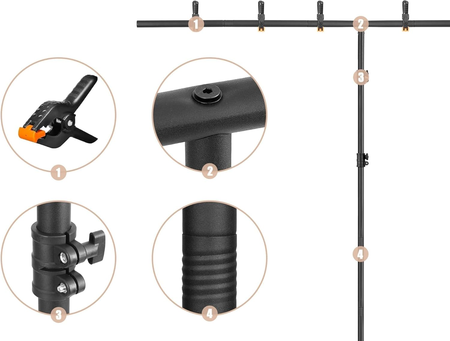 Photography T-Shape Backdrop Stand Kit, 2M&times;2.6, with 6 Spring Clamps and Carry Bag (Large) image number 3