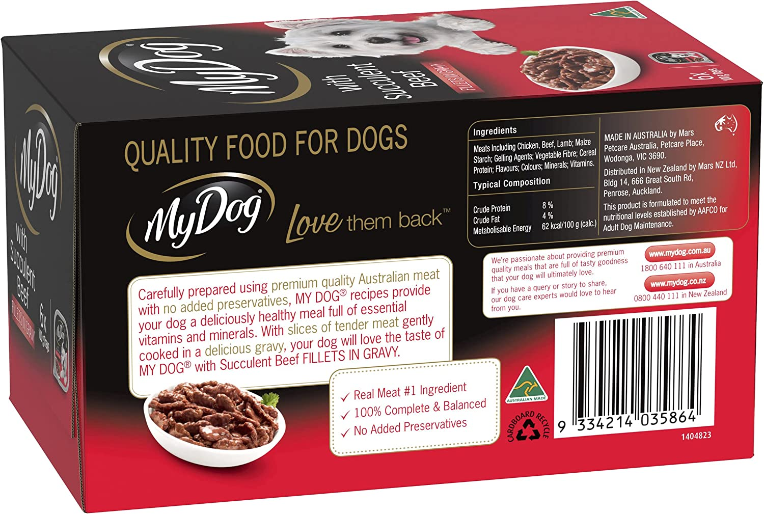 MY DOG Adult Wet Dog Food with Succulent Beef Fillets in Gravy 6 X 100G, 6 Pack (36 Pouches) image number 1