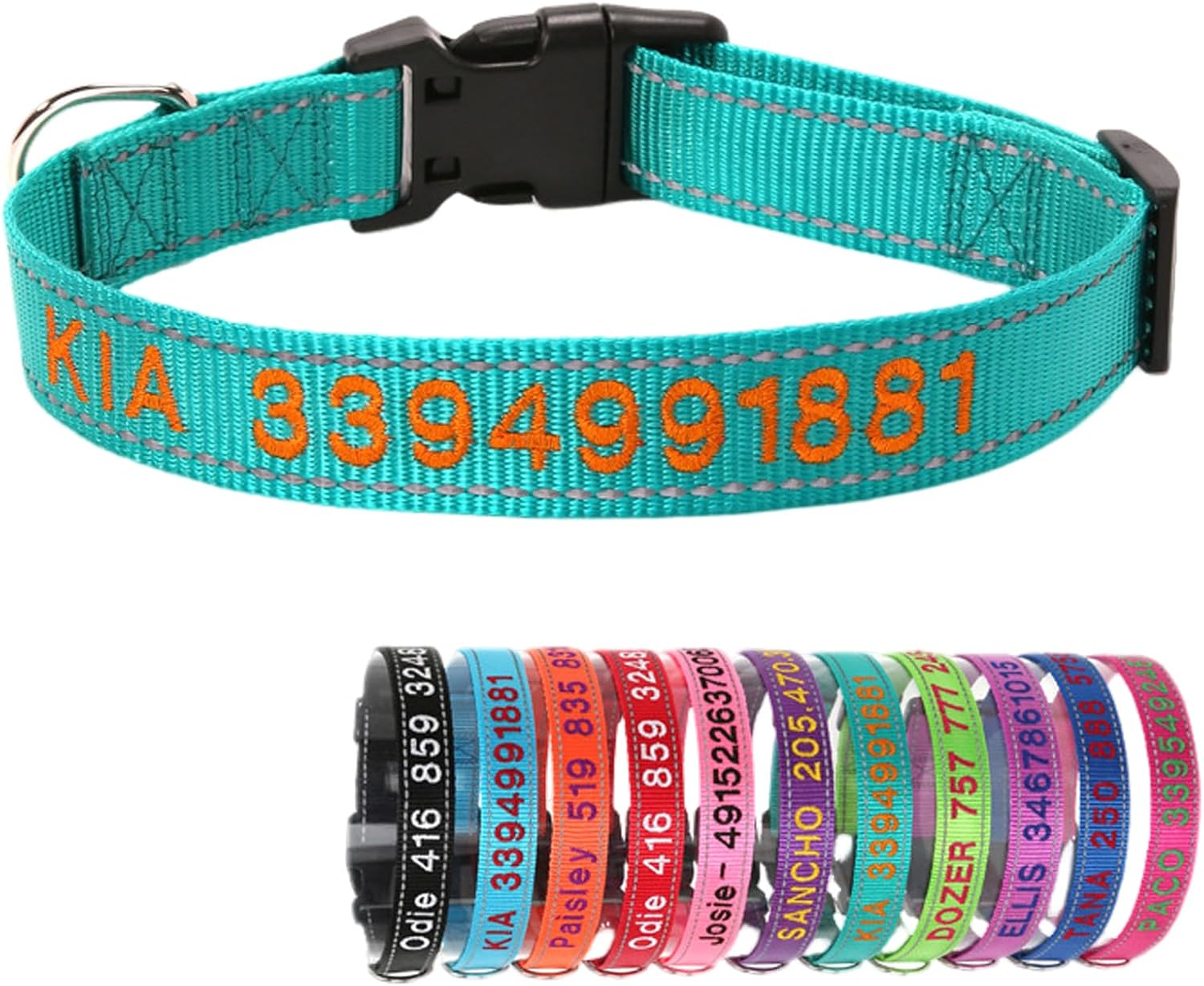 Yonsbox Orange Reflective Custom Personalised Dog Collar Embroidered with Name Phone Number Quick Release Buckle for Boy Girl Small Medium Large Dogs