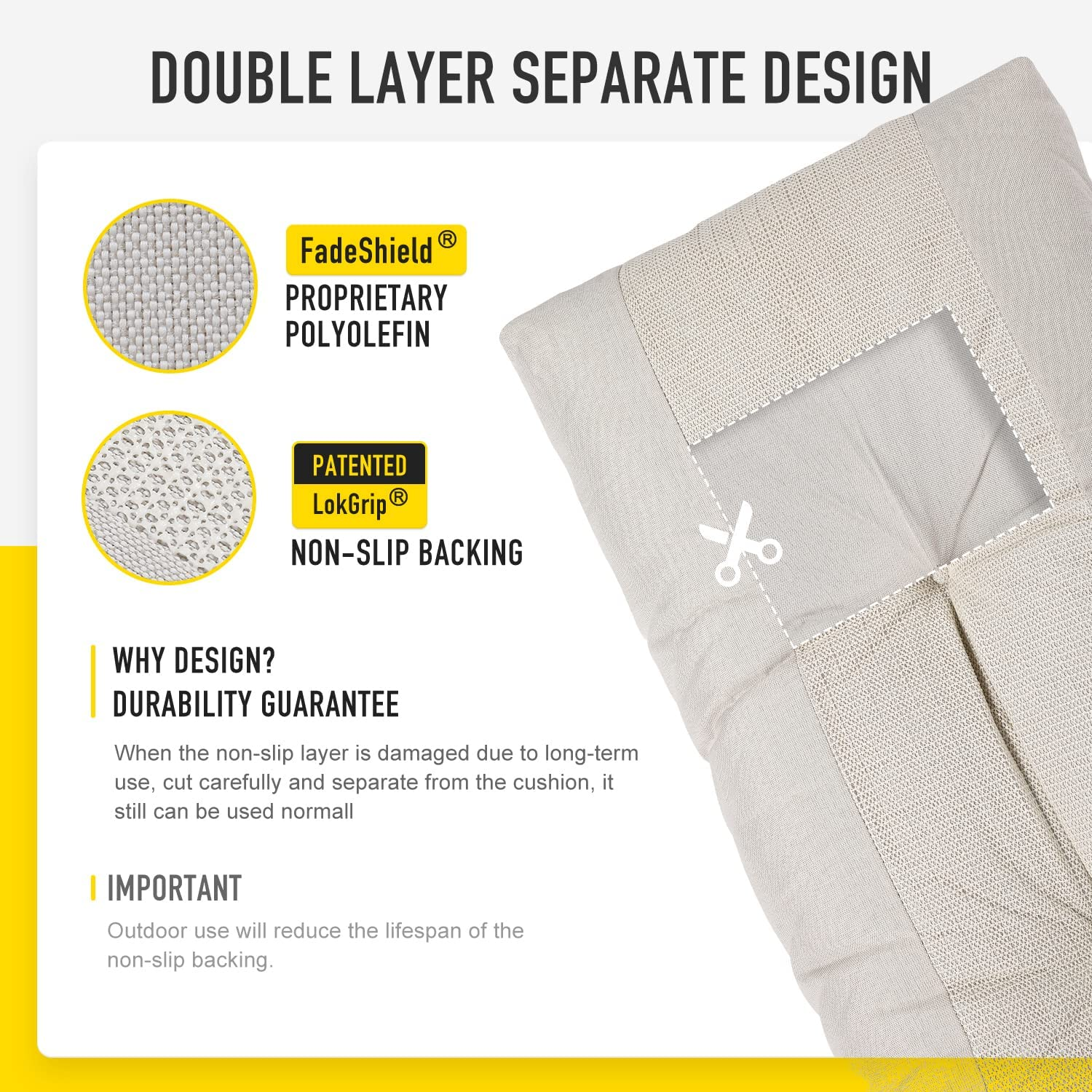 SUNROX Lokgrip Non Slip Tufted Memory Foam Bench Cushion, Fadeshield Water Resistant Durable Thicken Outdoor/Indoor Bench Seat Pads 36X14X4 Inch, Cream image number 5