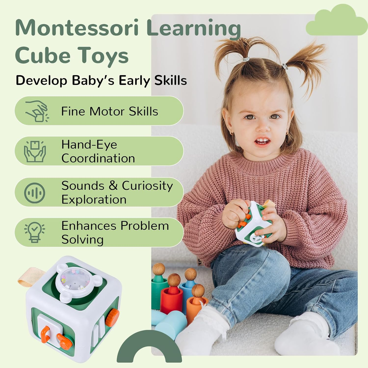 Busy Activity Cube Toys for 1 + Year Old Gifts, Sensory Learning Fine Motor Skills Toys for 18 Months, Montessori Airplane Travel Car Toys for Toddler 1-3, 1St Birthday Girl Gifts 18 Months + (Green) image number 6