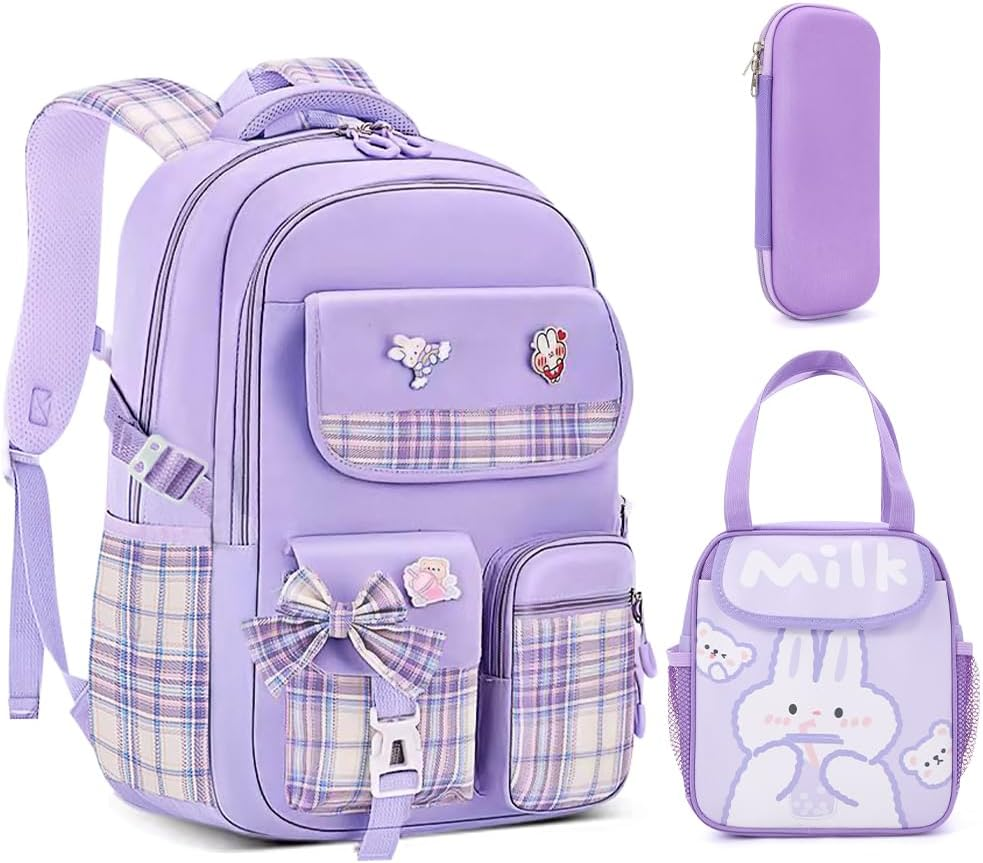 WOTOW School Backpack for Girls, Large Capacity Water Resistant Schoolbags with Lunch Bag Pencil Case & Cute Pendants, Ideal Children Teens Primary to Middle School