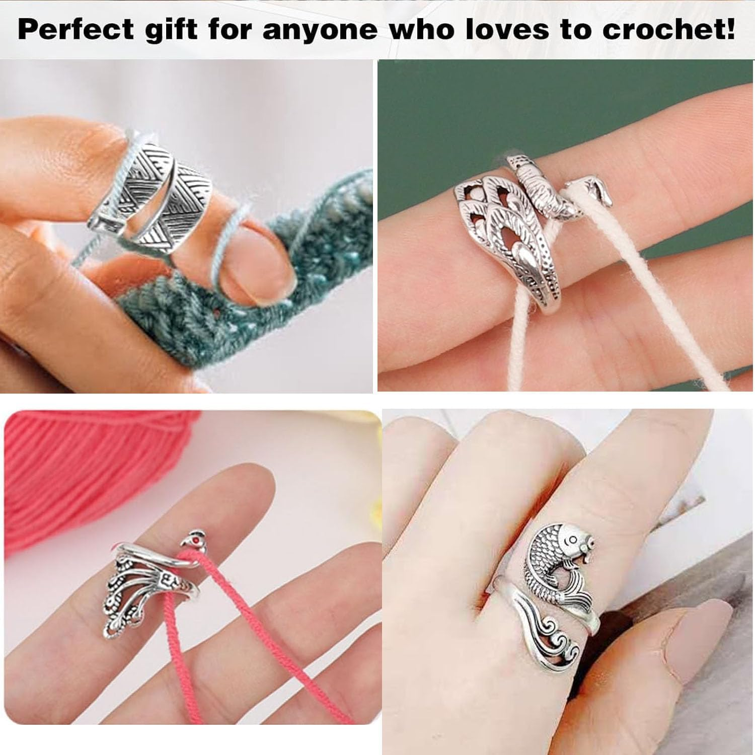 4Pcs Knitting Crochet Loop,With Animal Shape Open Finger Ring,Adjustable Knitting Crochet Loop Ring,Finger Yarn Guide,With Animal Shape Open Finger Ring image number 4