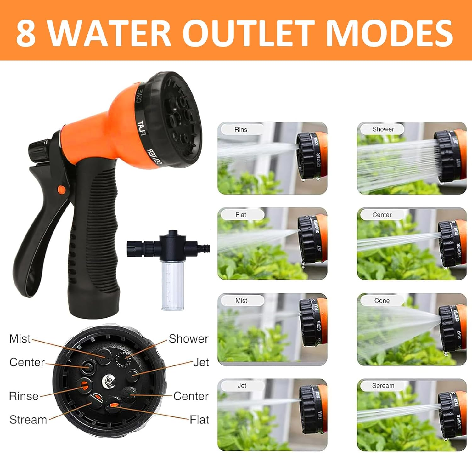 100Ft Expandable Garden Hose, with 8-Pattern Nozzle, 1/2' & 3/4' Convertible Connectors, Retractable Water Hose High Pressure with Dispenser Bottle for Car Wash & Lawn Watering image number 4