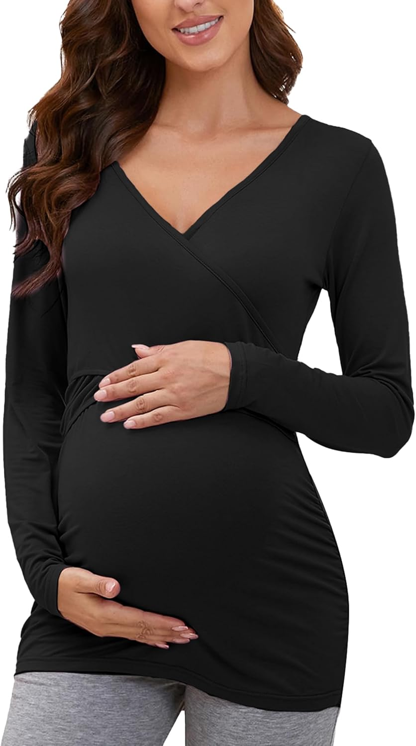Glampunch Women'S Maternity Tops Long Sleeve Wrap Cross V Neck Nursing Tops for Breastfeeding Tee Shirts