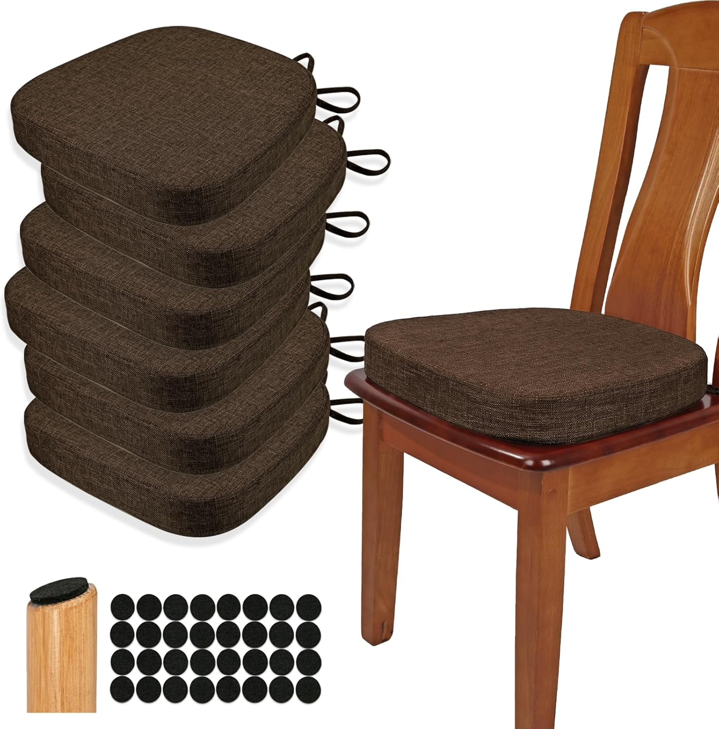 BUYUE Thickened 2.5" Dining Chair Cushions Set of 6, U-Shape High Density Foam Comfortable Chair Pads for Kitchen, Slip Resistant Indoor Seat Cushions (6 PCS, Chocolate) - 4, Beige image number 6