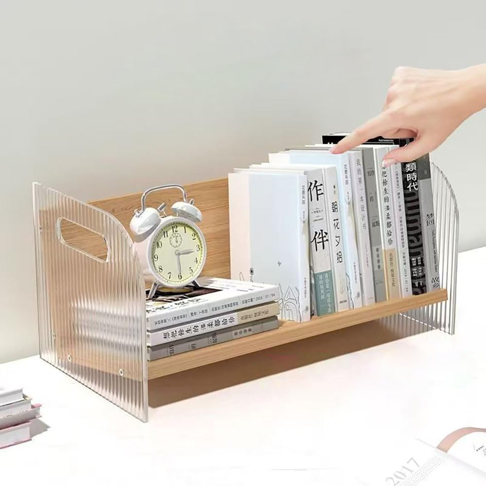 Hbluefat Acrylic Desktop Bookshelf Organizer, Small Wood Desk Bookcase, Multipurpose Tabletop Storage Shelf Rack for Home Office (Wood) - White image number 4