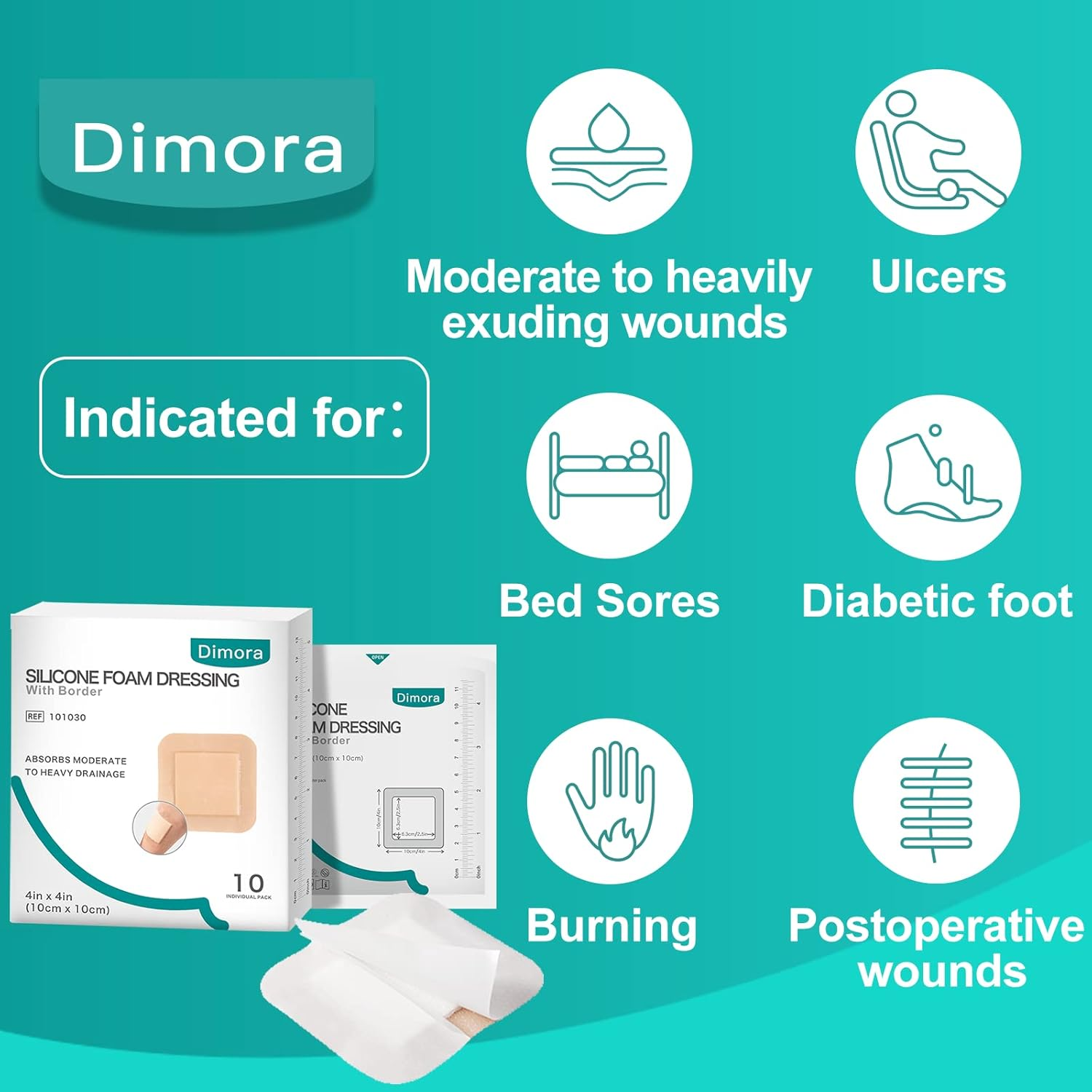 Dimora Silicone Foam Dressing with Border Adhesive 4"X4" Waterproof Wound Dressing Bandage for Wound Care 10 Pack image number 4
