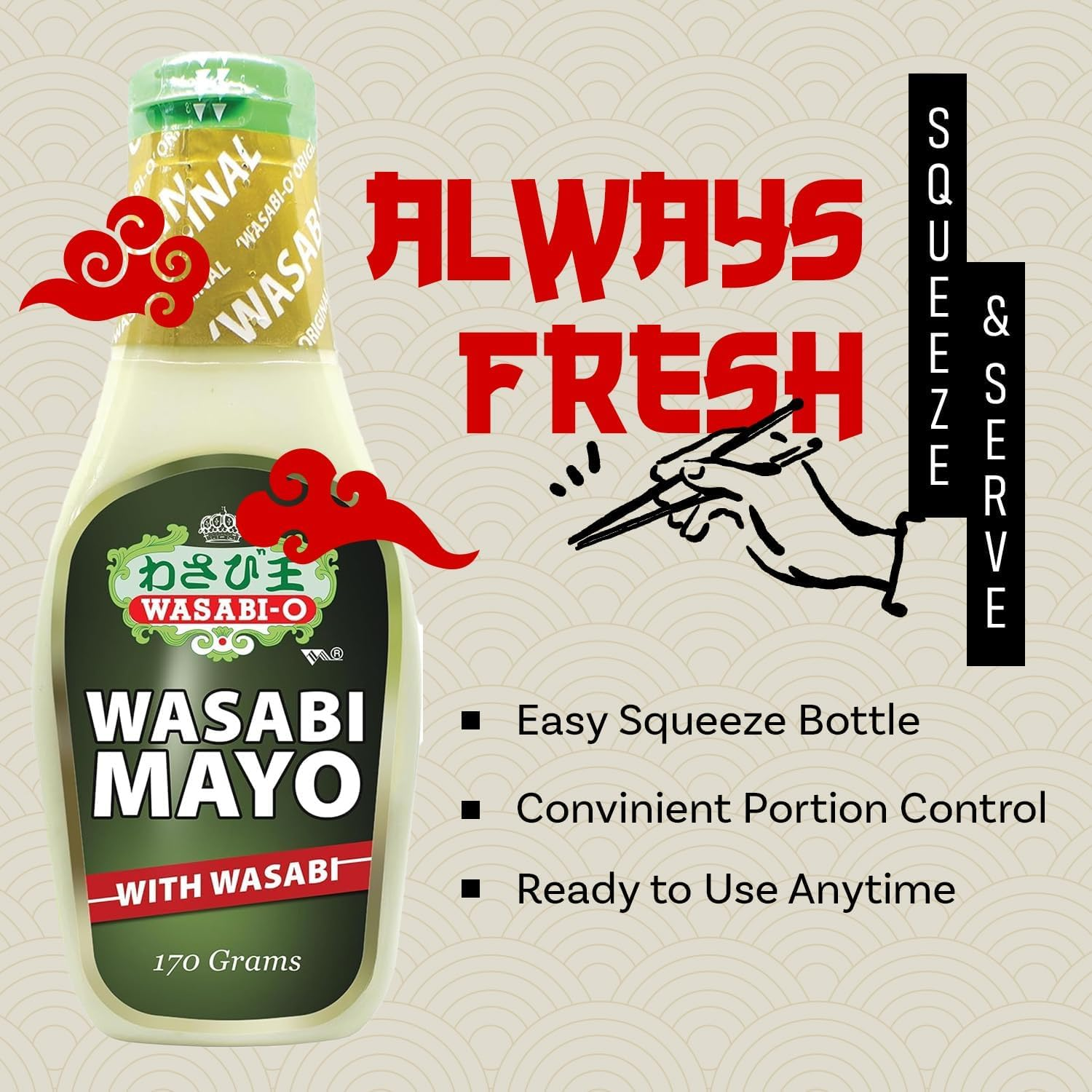 WASABI-O Premium Wasabi Mayonnaise, Spicy Mayonnaise, Made with Real Wasabi, Asian Mayo Squeeze Bottle, 6Oz (170G) Fish and Chips, Wasabi Peas image number 5