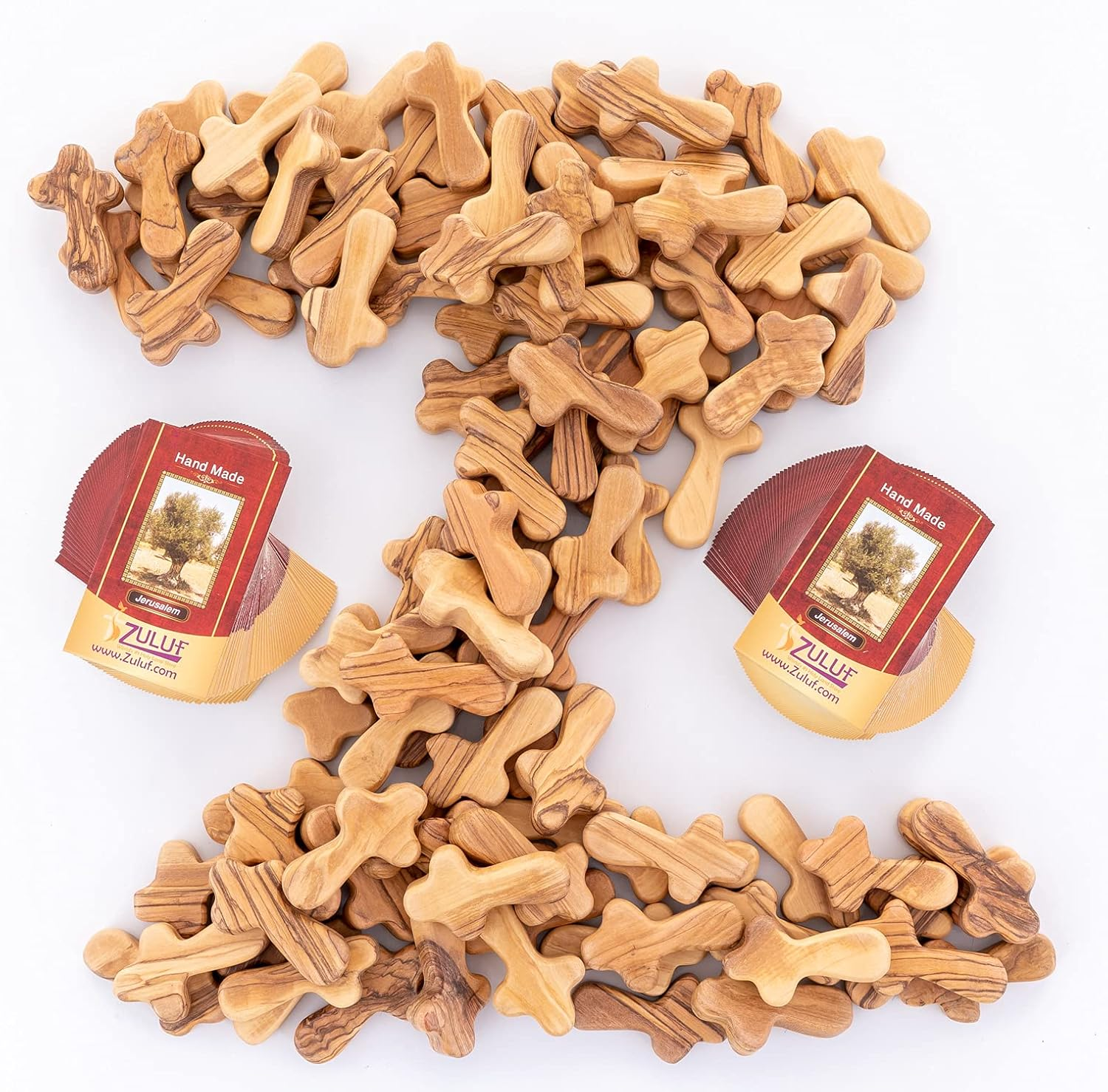 Zuluf 100 Small Olive Wood Comfort Crosses from Bethlehem Israel | Pocket Holding Crosses | Comes with 100 Holy Land Certificates 6Cm / 2.5 Inch Each Cross - CRS301 image number 1