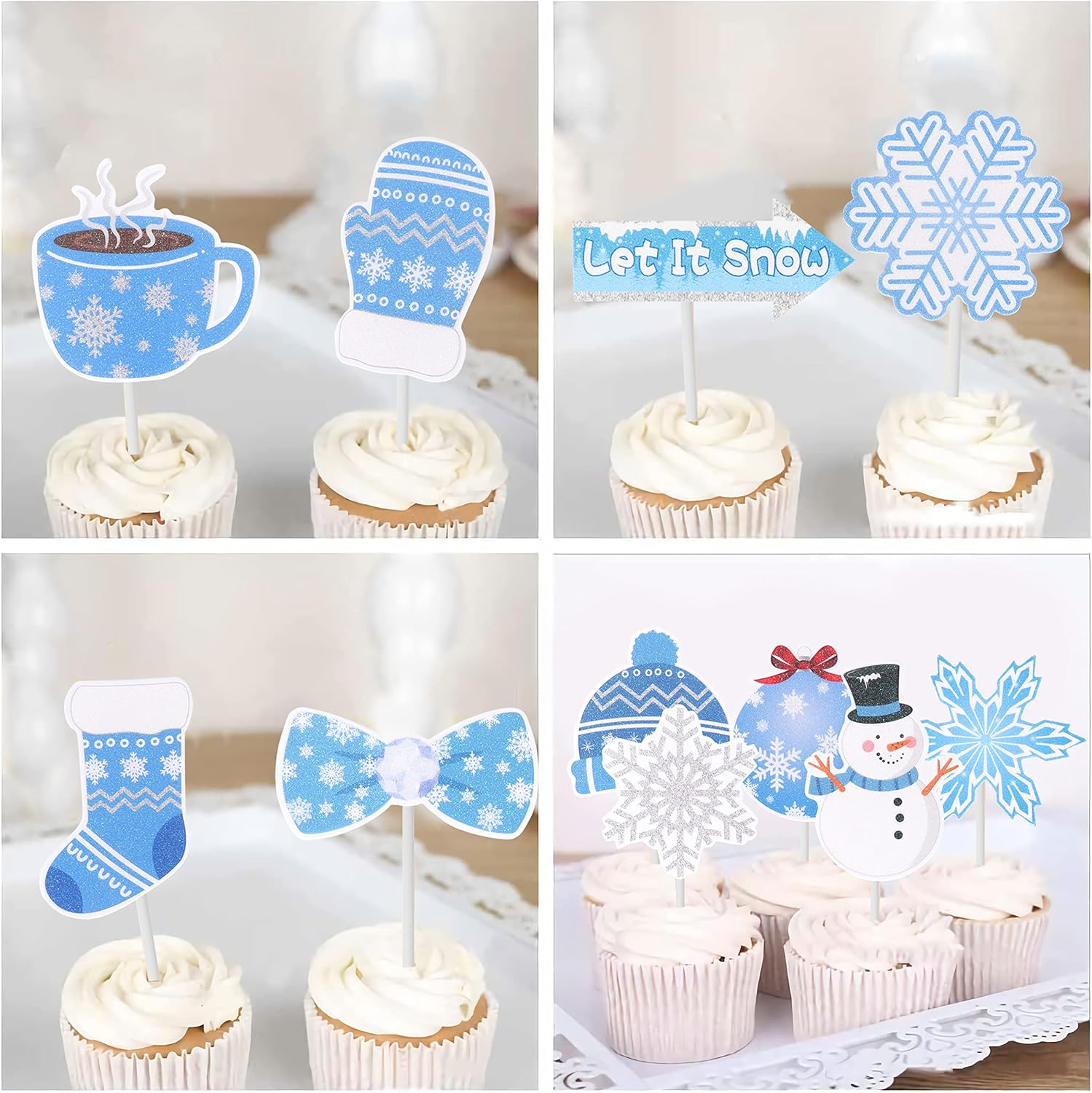 36Pcs Winter Party Decorations Snowflake Cupcake Toppers Snow Snowman Cupcake Topper Picks for Frozen Winter Theme Party Winter Birthday Party Christmas Baby Shower Supplies image number 1