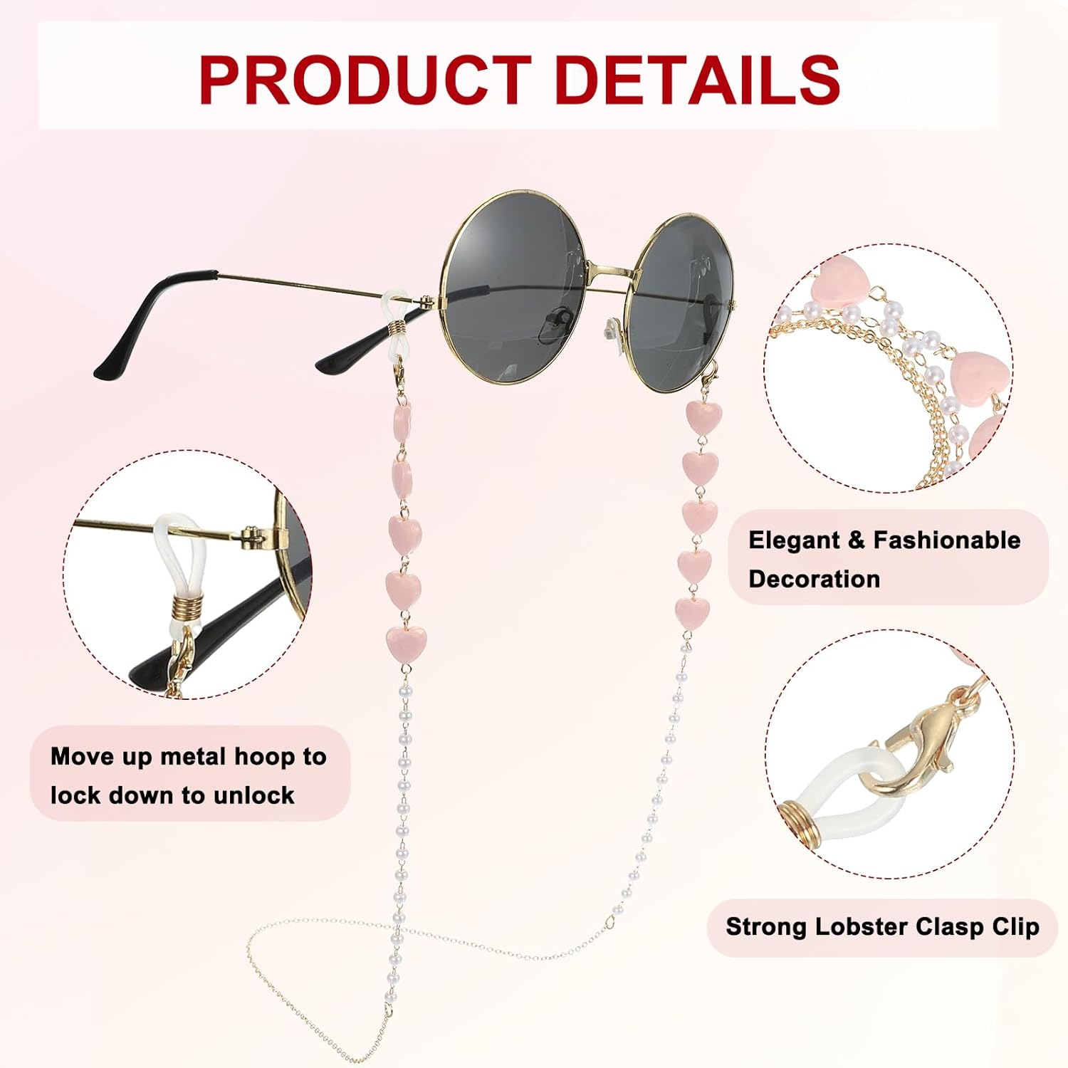 Uxcell Beads Eyeglass Chain, Pearl Glasses Strap Eyewear Retainer Chain around Neck Sunglass Holder for Girls Women, Pink Heart image number 1