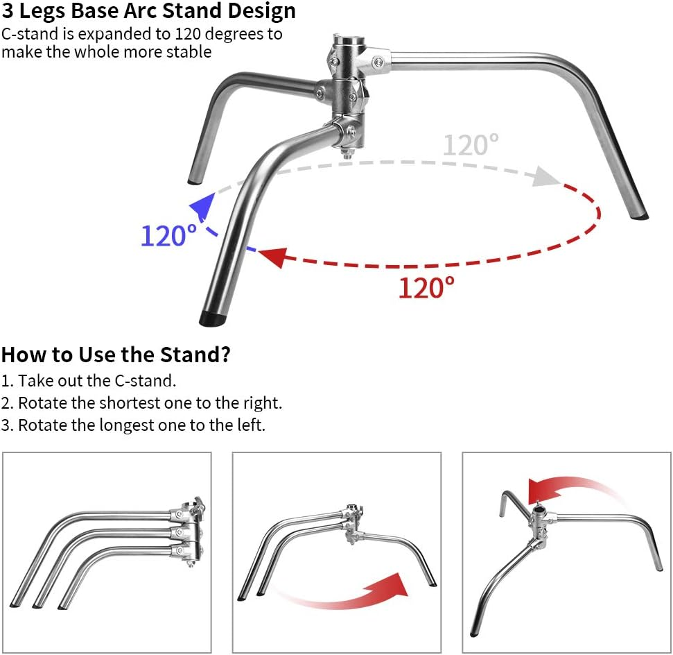Heavy Duty Stainless Steel C-Stand with Boom Arm 132"/335Cm Adjustable Light Stand 49&ldquo;/125Cm Hold Arm Stand with One Adjustable Leg for Photography Studio Reflectors, Softboxes, Monolights image number 4