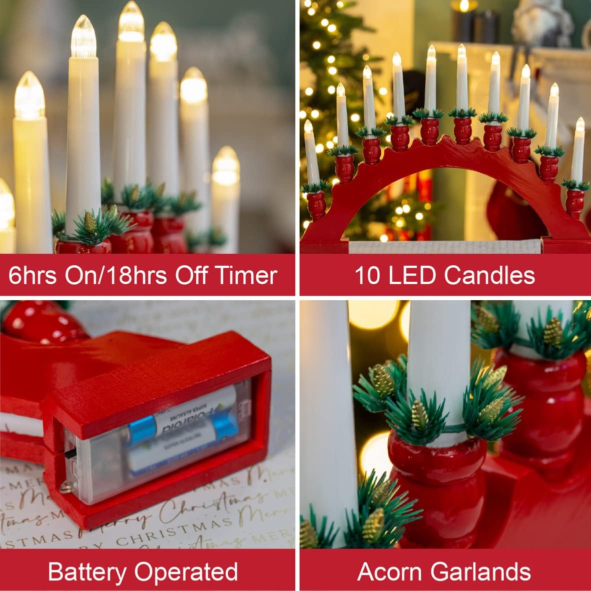 The Christmas Workshop 71169 Red Arched Wooden Candle Bridge with Candle Holders / 10 Warm White Leds/Indoor Christmas Decoration / 48Cm X 34.5Cm X 5Cm / Battery Powered image number 6