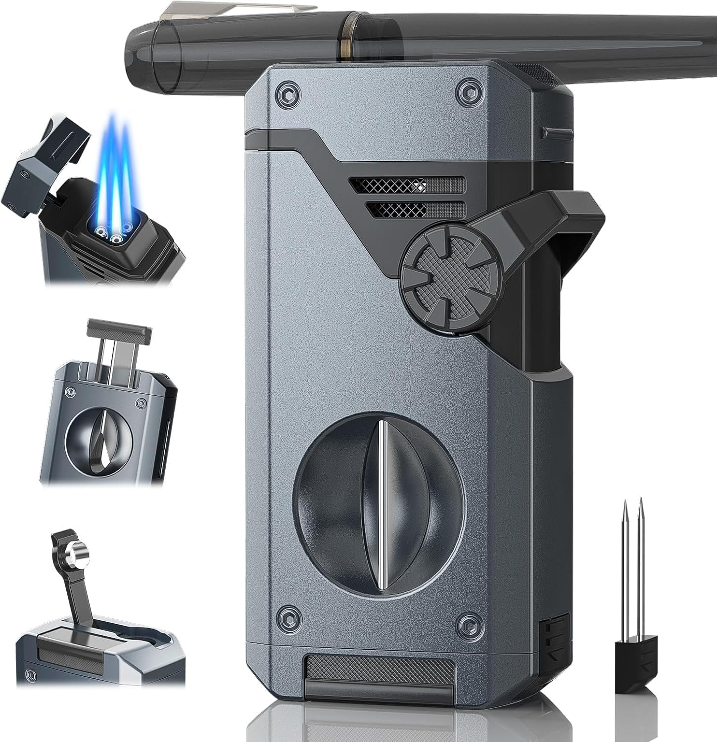 5-In-1 Torch Lighter with V Cutter, Punch, Holder, Nubber, Adjustable Windproof 4 Jet Flame, Multi-Functional Lighter Accessories,Butane Refillable Lighter for Travel, Outdoors (Brown)