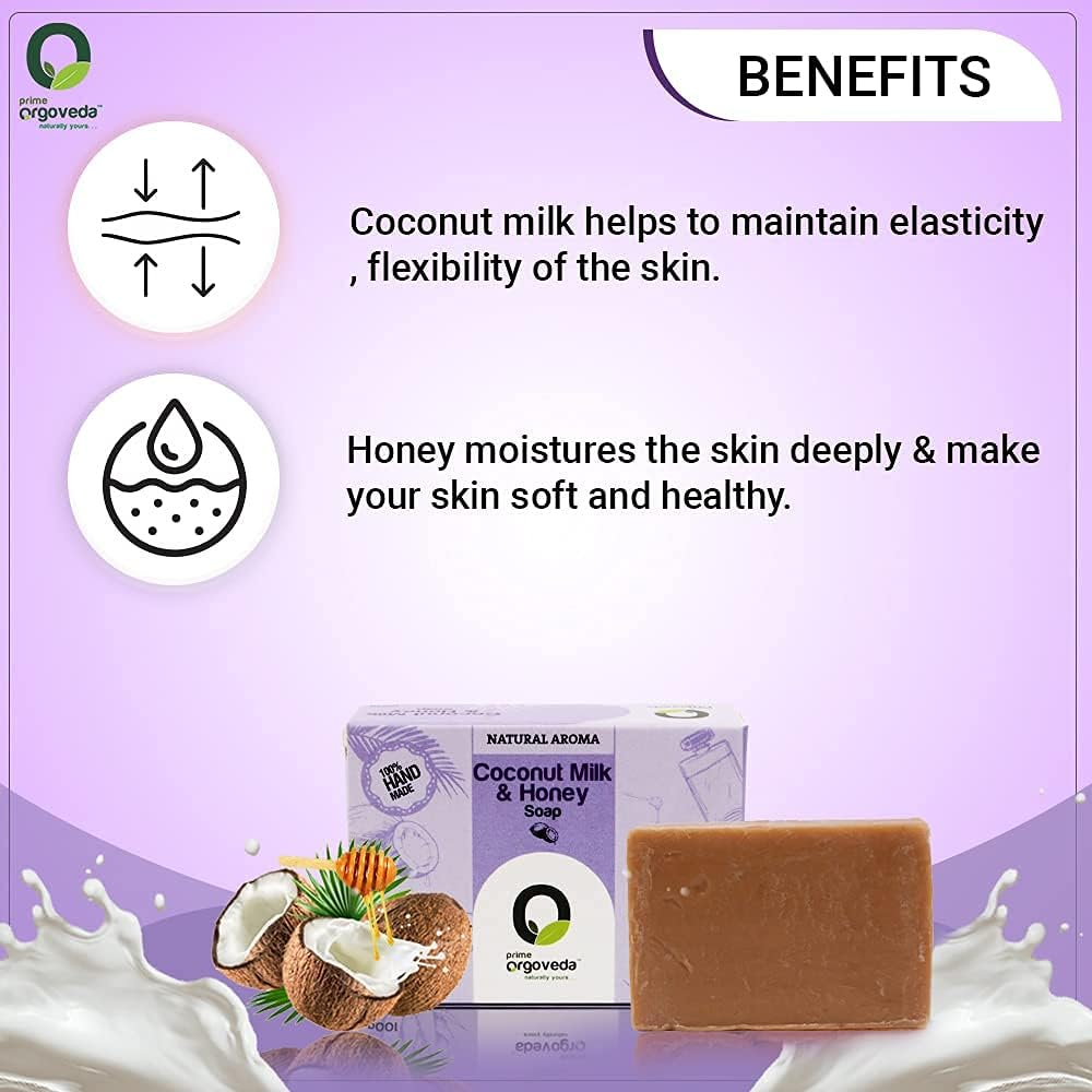 100% Natural Handmade Milk Honey Soap with Milk, Honey, Olive Oil, Coconut Oil, Sunflower Oil Free from Parabens, Sulphates and Mineral Oil | Prime Orgoveda | Softening Creamy Soap - 100G (Pack of 4)