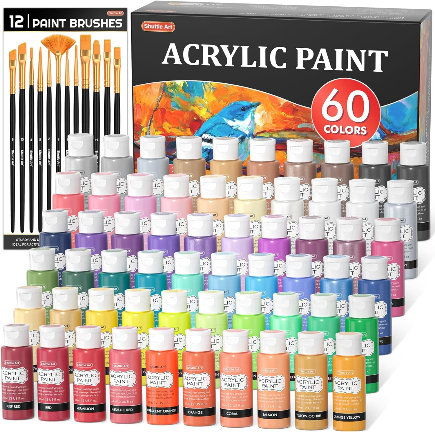 Shuttle Art 80 Pack Acrylic Paints Set, 78 Colours Acrylic Paint (2Oz,60Ml) with Extra White Black Piants & 12 Brushes, Rich Pigmented, Water Proof for Artists, Beginners on Canvas Rock Wood Ceramic