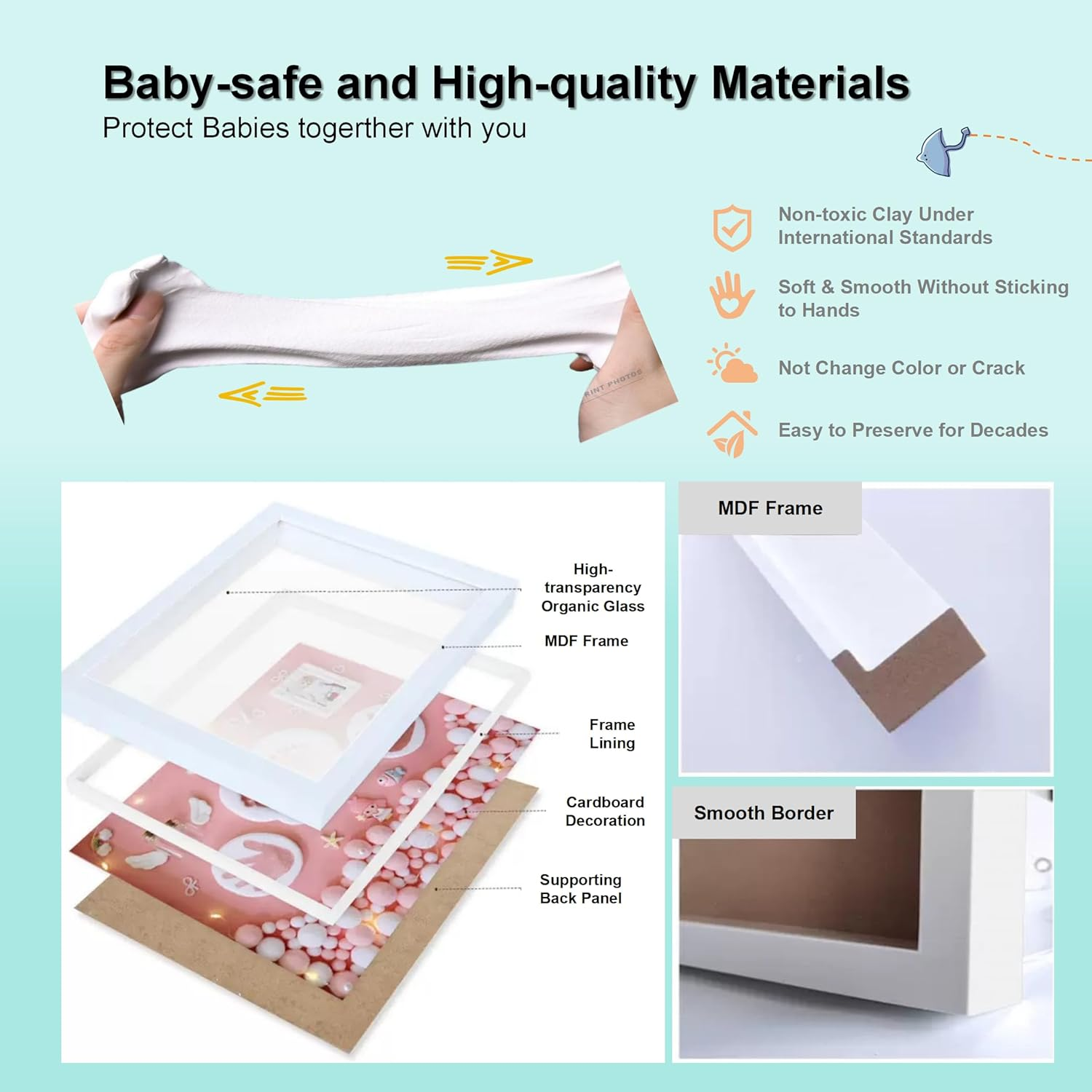 Blue Green Footprint and Handprint Personalized Picture Frame, All-In-One Boys Baby Shower Decorations for New Moms Gift, Set-With Hand and Foot Clay Mold and Casting Kit for Baby Registry Items, Newborn Essential Keepsake with Nursery Photo Frame image number 4