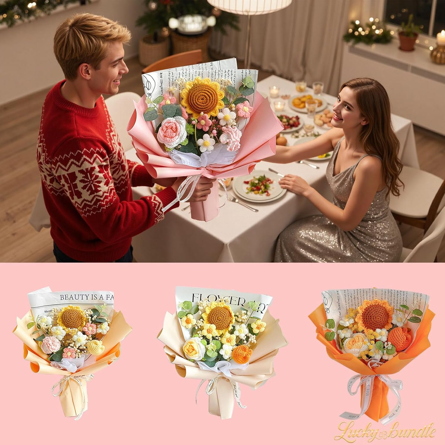 Luckybundle Crochet Flower Bouquet - Handmade Sunflower, Rose & Tulip with Baby'S Breath - Hypoallergenic Gift for Women, Mother'S Day, Get Well - Includes Gift Bag & Card - Pink image number 3