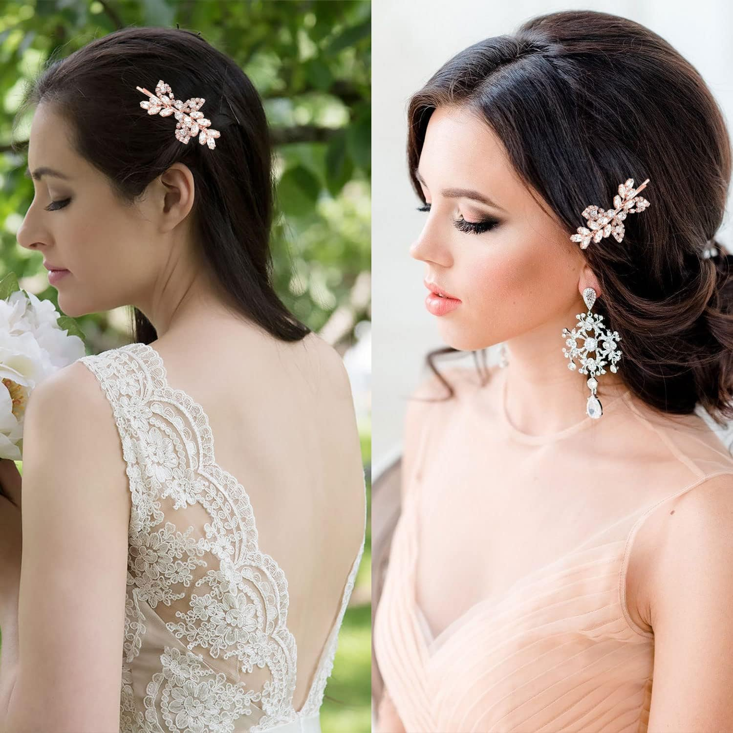 2 Pieces Rhinestone Bridal Hair Clips Leaf Bridal Wedding Hair Pins Crystal Hair Clips Silver Rhinestone Jewelry Barrette for Brides Bridesmaids Flower Girls (Rose Gold)