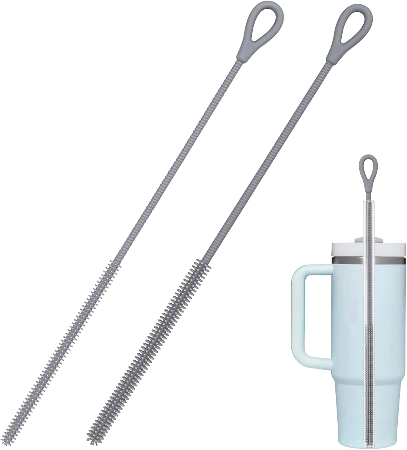 Silicone Straw Cleaner Brush, 2Pcs Straw Cleaner Brush Extra Long, Straw Brush Bristles Cleaner Brush for Cleaning Stanley, Metal Glass Straws, Drink Lid (Purple) - Black image number 2