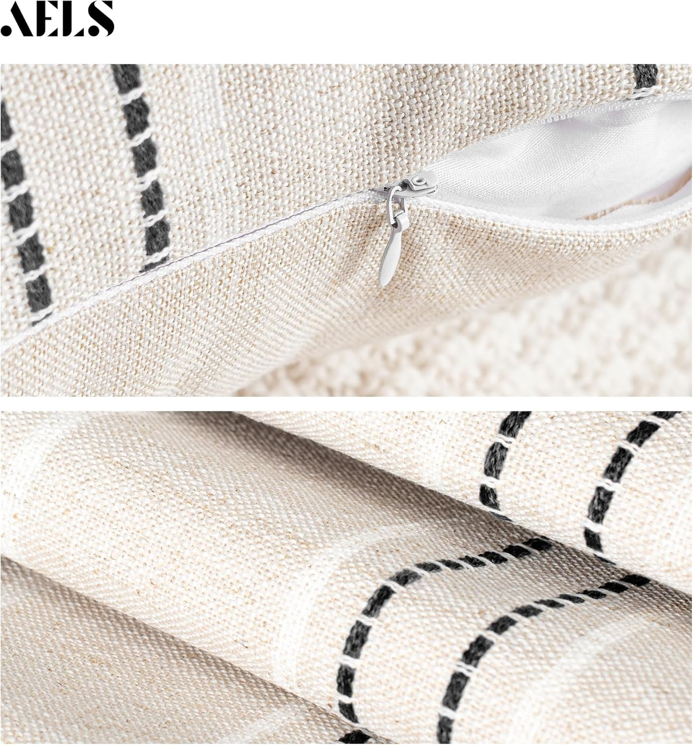 AELS 18X18 Decorative Farmhouse Linen Throw Pillow Covers, Boho Textured Pillow Case, Set of 2, Beige with White & Black Stripe Patchwork Cushion Cover for Sofa Couch Living Room (Cover ONLY) image number 5