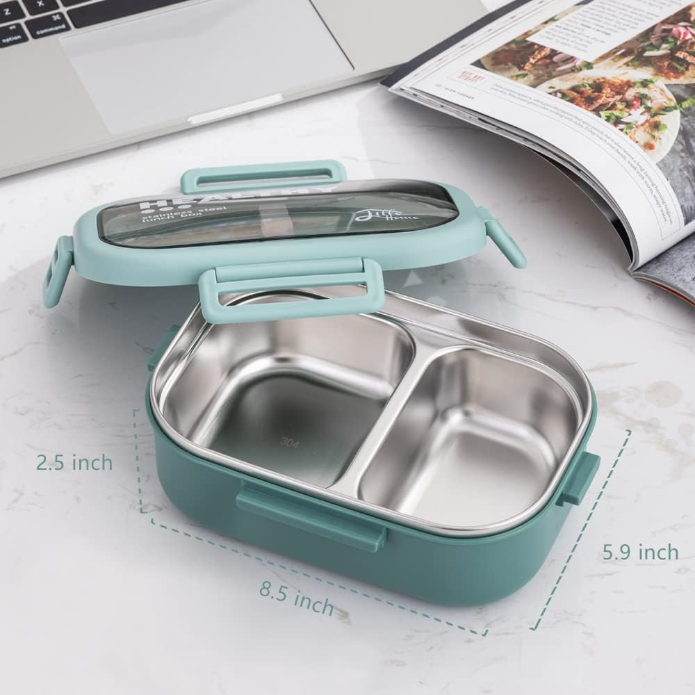 Lille Home 28Oz Stainless Steel Leakproof 2-Compartment Bento Lunch Box/Portion Control Food Container with Lunch Bag and Cutlery Set, BPA Free (Green) image number 6