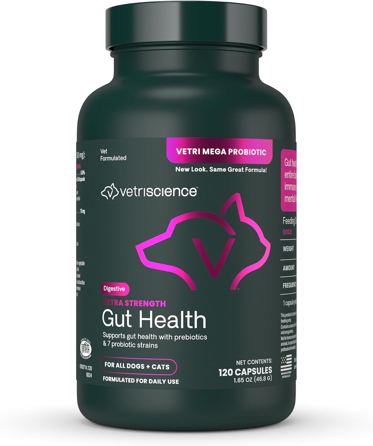 Vetriscience Extra Strength Gut Health Easy-Open Capsules, Mega Probiotic and Prebiotic Digestive Supplement for Dogs and Cats, for Diarrhea and Immune Support, 7.5 Billion CFU per Capsule, 120 Count image number 2