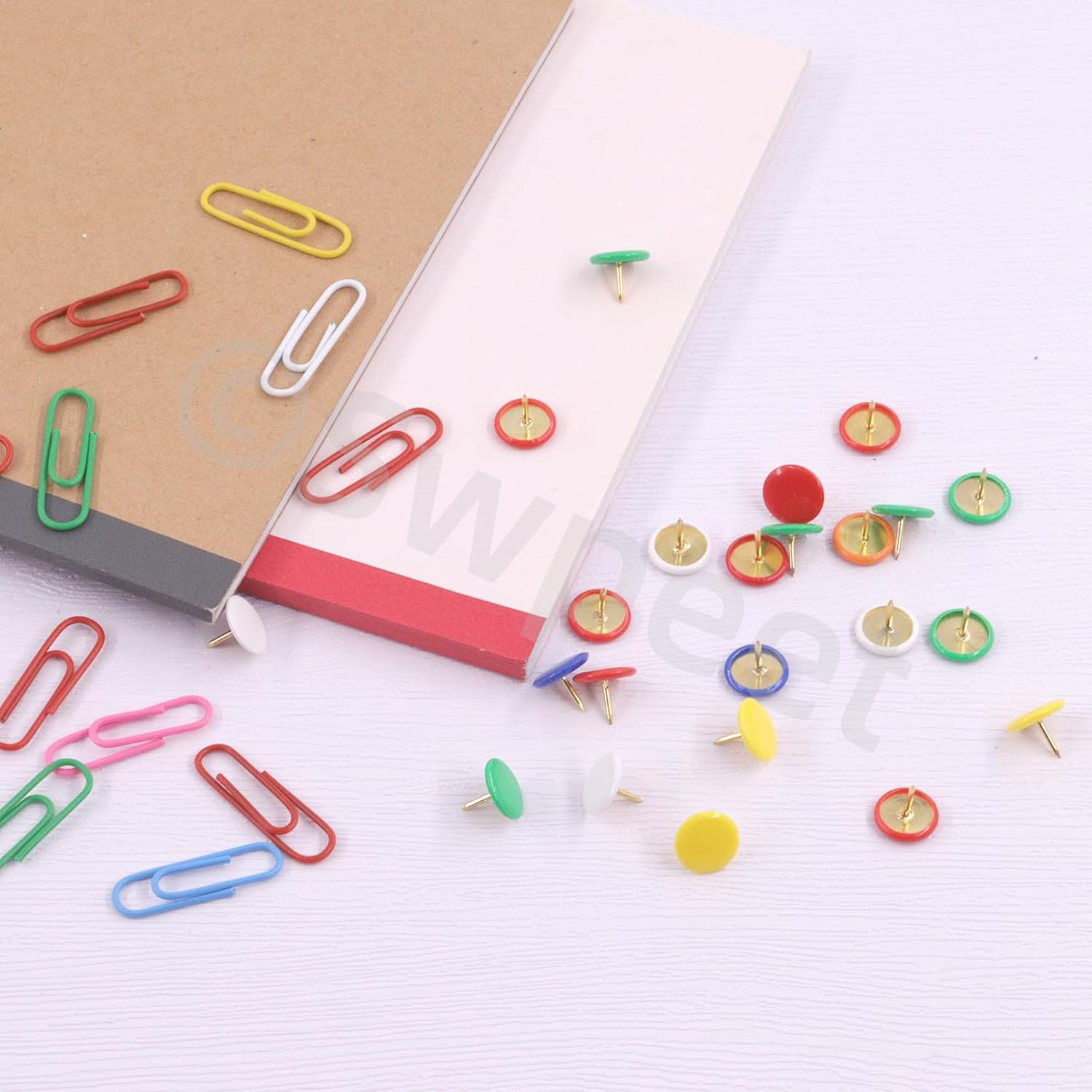 Swpeet 1000Pcs Coloured Vinyl-Coated Flat Thumb Tacks with Paper Clips Assortment Kit, round Head Push Pins Colored Paper Clips for Office School Home image number 1