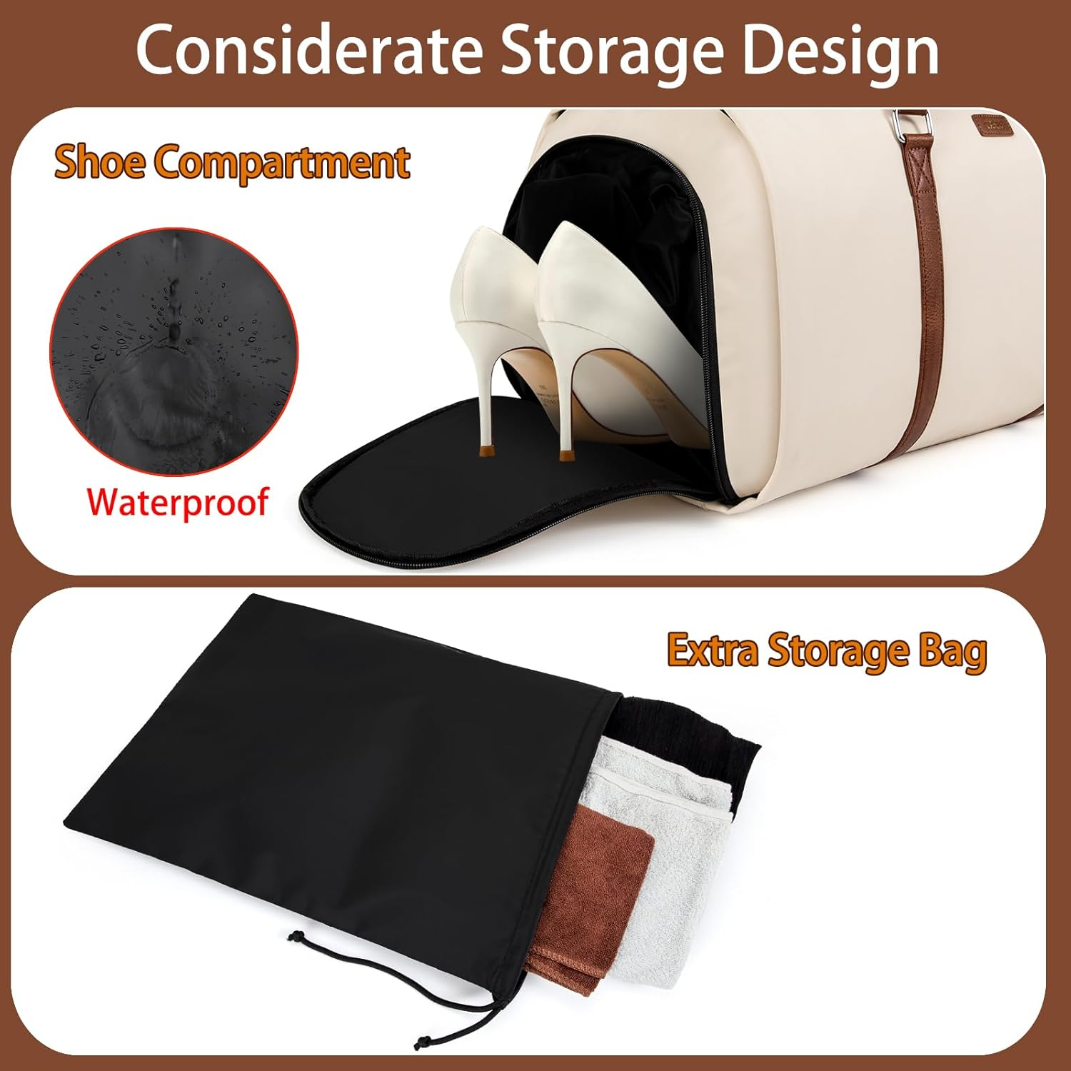 Convertible 2-In-1 Garment Bags for Travel, Carry on Garment Duffle Bag with Shoe Compartment Large Weekender Bag for Women Men Hanging Suitcase Suit Travel Duffel Overnight Bags 4Pcs Set, A-Off White