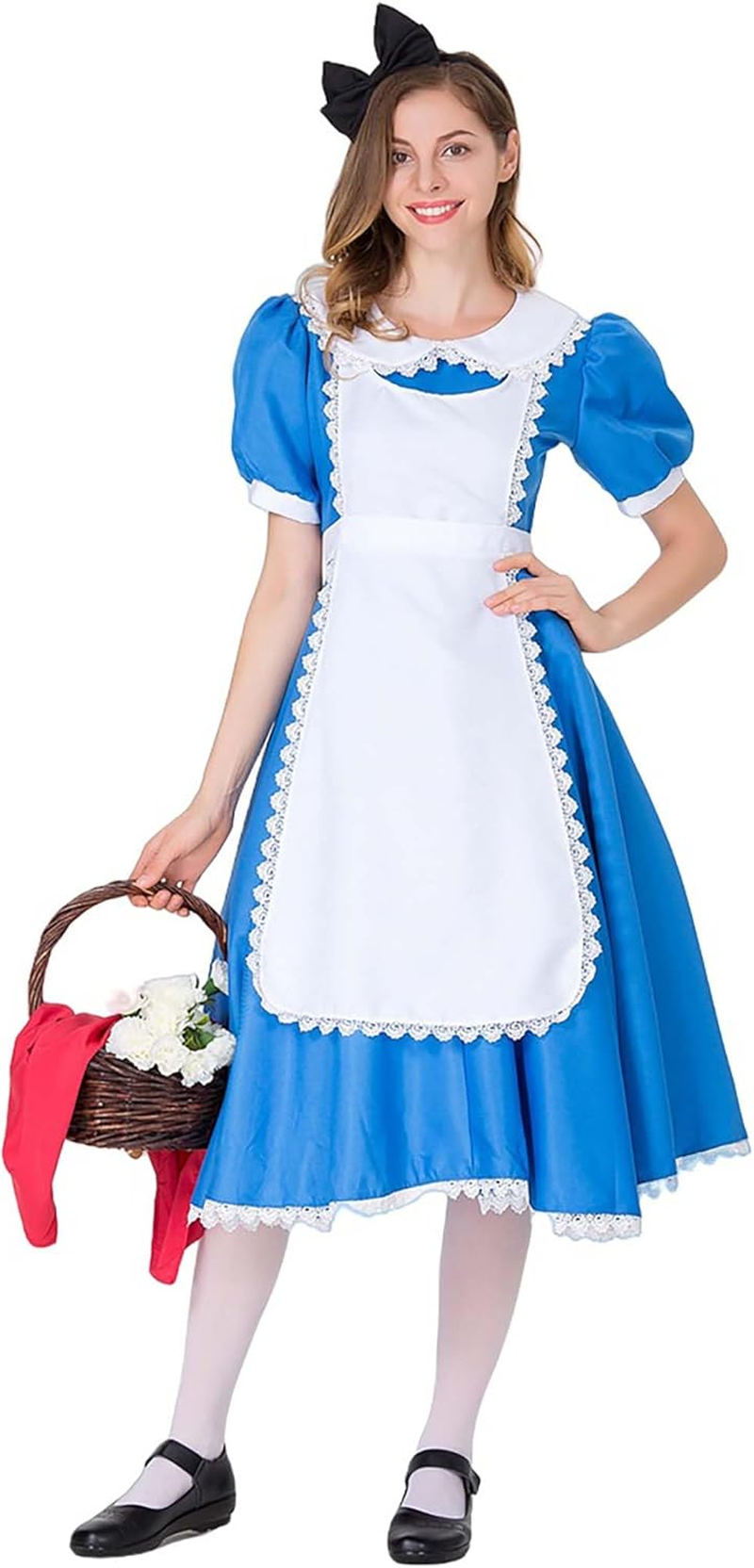 Alice Costume for Adults Halloween Women Cosplay Blue White Princess Dress with Bow Headband