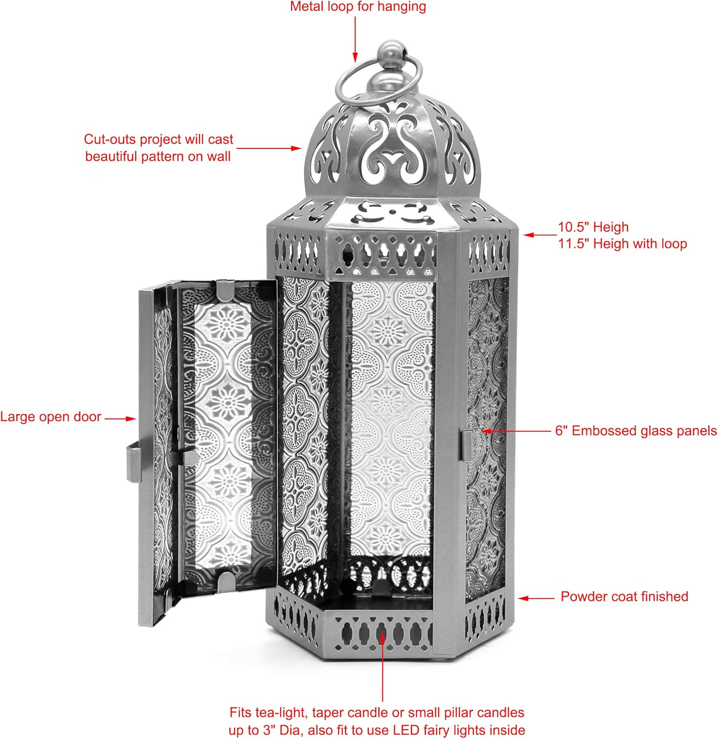 CVHOMEDECO. Decorative Candle Lantern Moroccan Lanterns Vintage Black Metal Lantern Holder for Home Patio Outdoor Decor. Cobalt Glass, Medium
